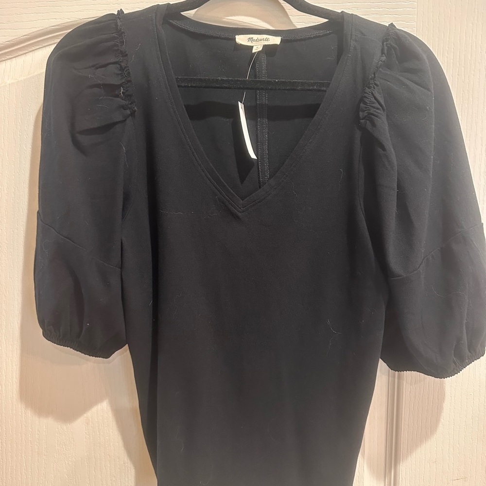 Madewell Black V-Neck Puff Sleeve Blouse